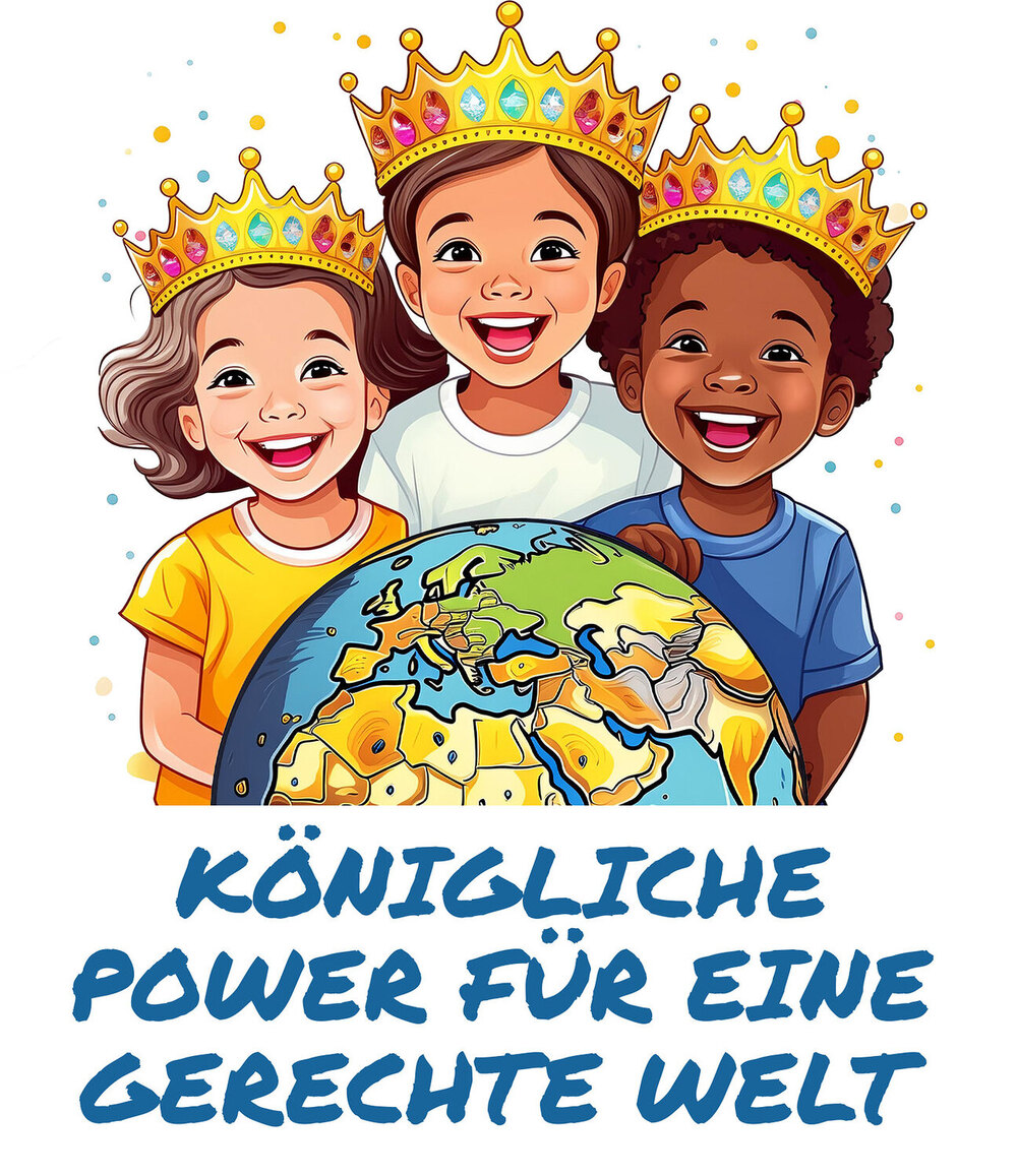 Illustration Sternsingerkinder, Weltkugel und der Spruch 'Köngliche Power für eine gerechte Welt'.